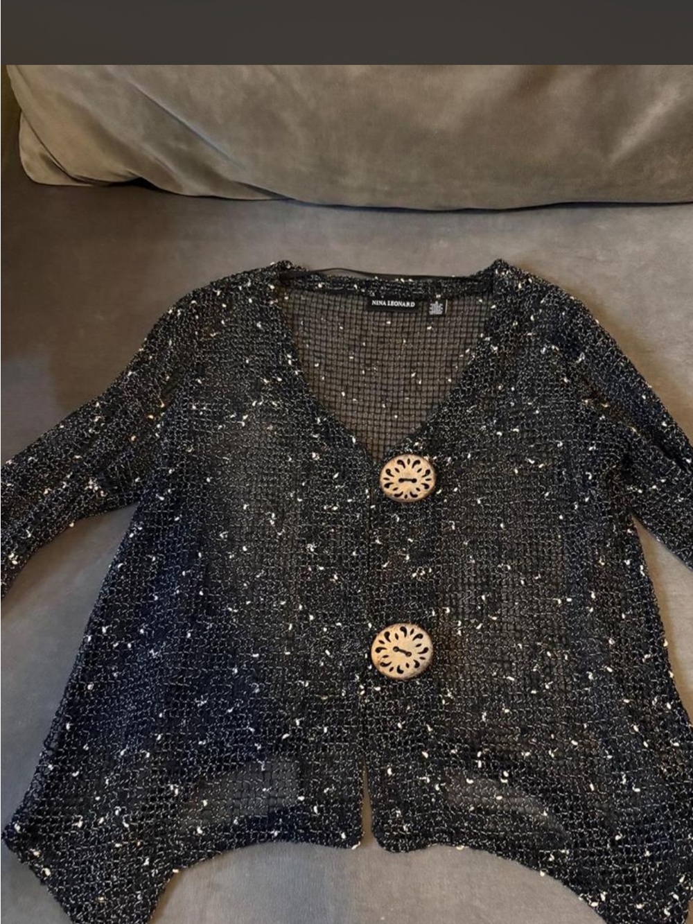 Nina Leonard Black Speckled Open-Knit Cardigan with Decorative Wooden Buttons